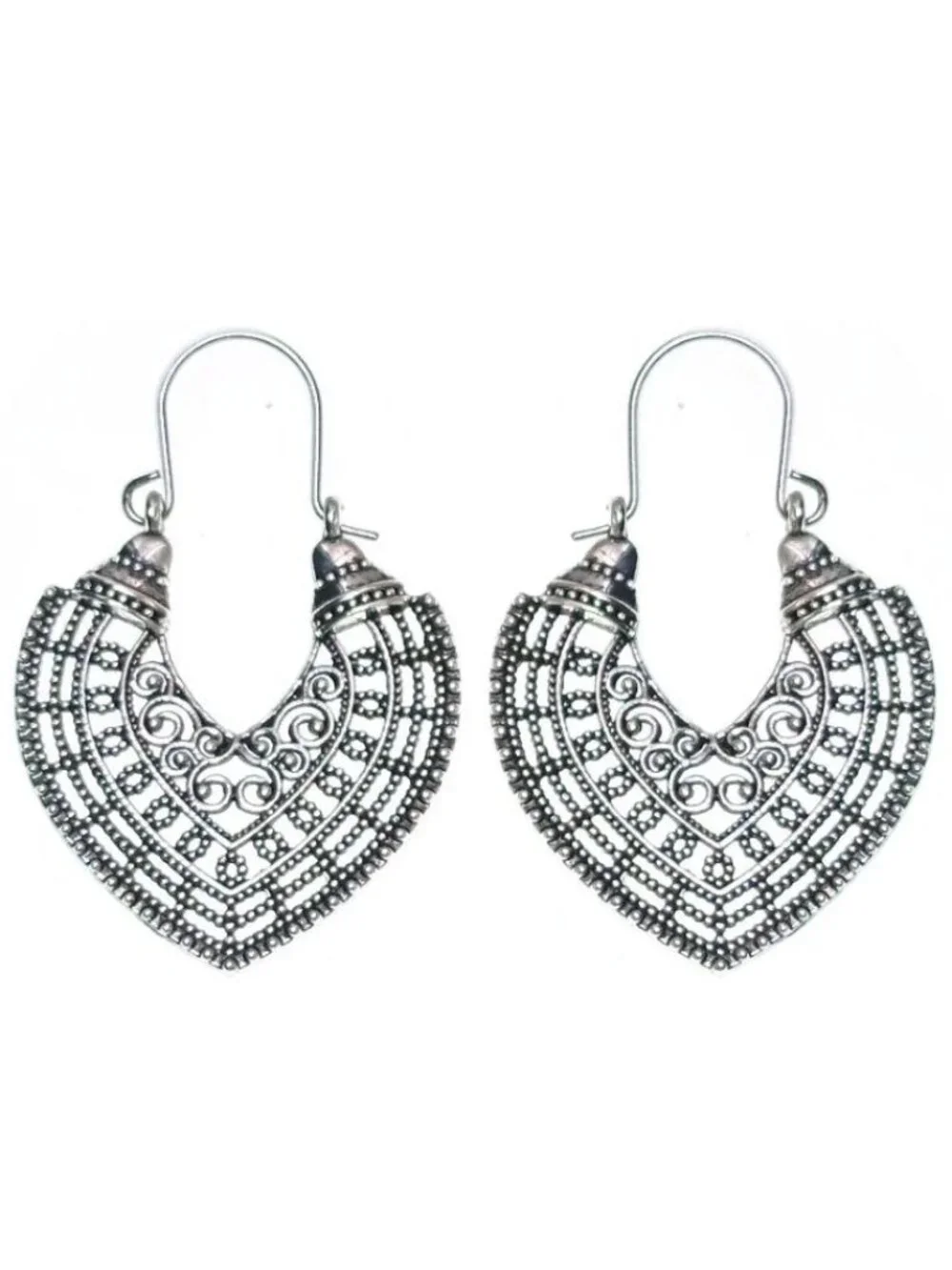 Boho Vintage-Style Silver Tone Tribal Earrings Hollowed Out Heart Design